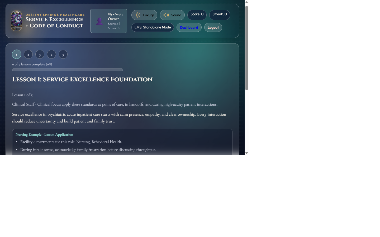 Interactive scenario lesson screen